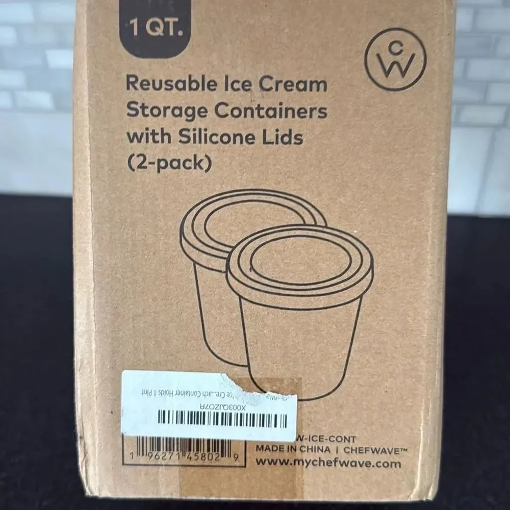 ChefWave Ice Cream Containers 2-Pack Red Silicone Lids White Body 1 QT Each 32oz